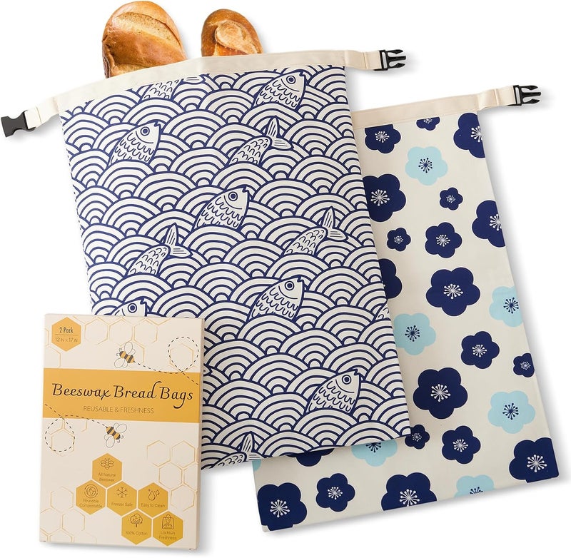 Augine Beeswax Bread Bags for Sourdough, Reusable Bread Bags for Homemade Bread, 2 Pack Natural Cotton Beeswax Storage, Natural Cotton Beeswax Bags, Large Capacity - Image 1